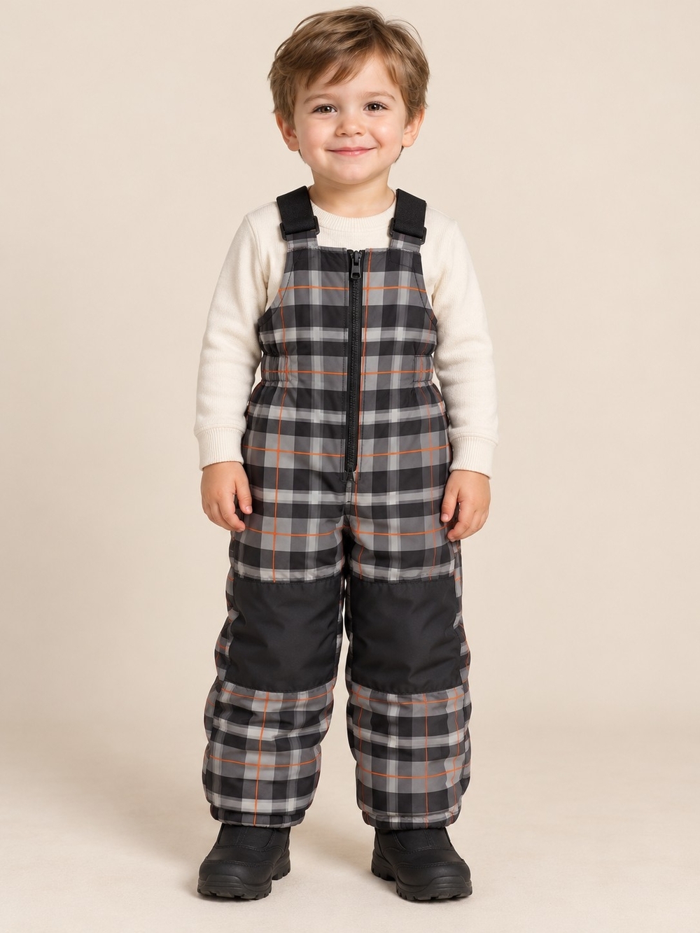 Gustin Kids Plaid Snow Bib Overalls - Gray, Black & Orange Trim